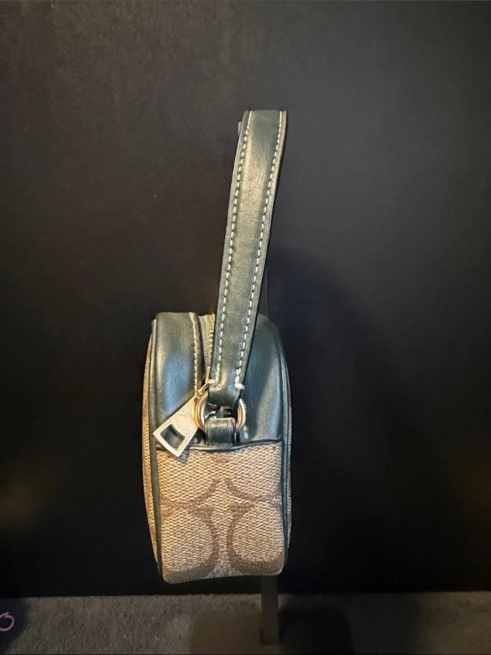 Coach Mini Shoulder Bag in Tan Signature Canvas with Black Trim